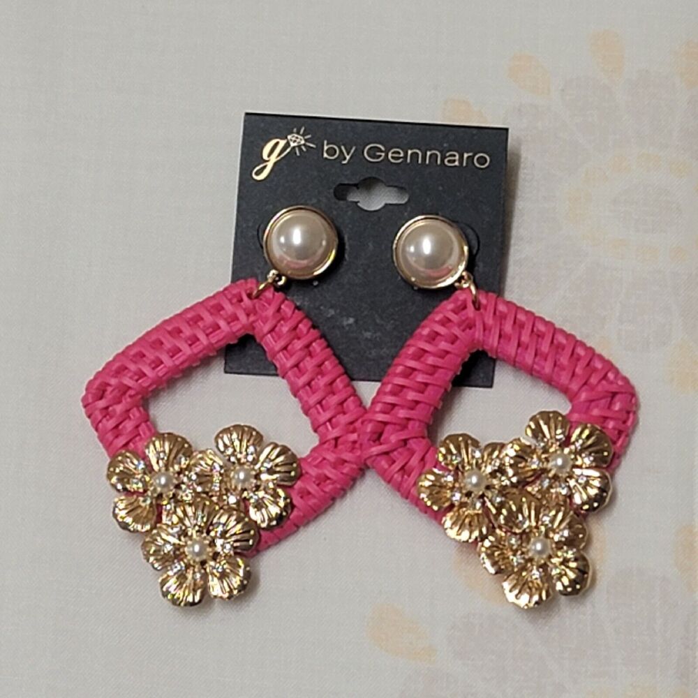 G By Gennaro Dangle Pink Earrings Basket Weave with Faux Pearls Gold Flowers